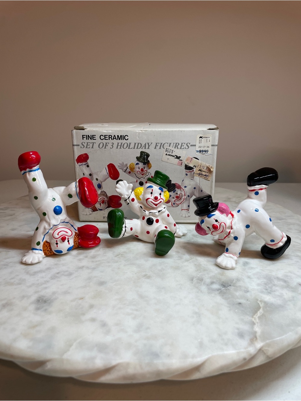 Vintage K-Mart Set of 3 Ceramic Clown Holiday Figurines - NIB